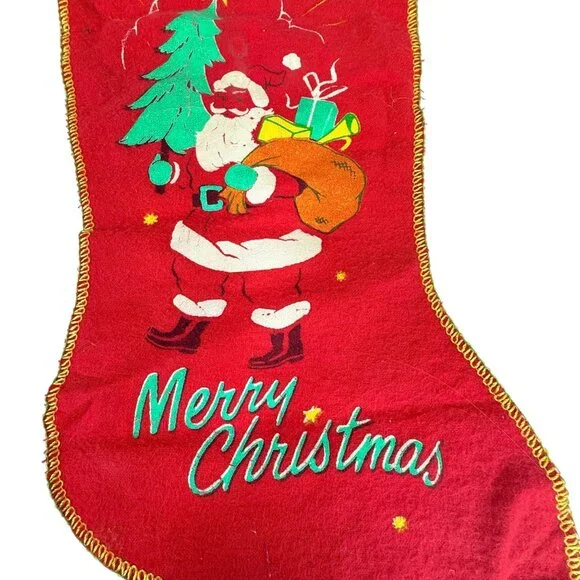 Vintage 1950s Felt Red Christmas Stocking Merry Christmas Santa Claus Felt 17” - Picture 3 of 7